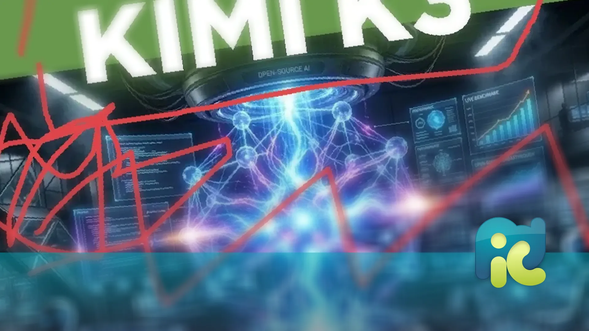 Digital artwork of a futuristic laboratory featuring robots and a glowing neural network core labeled "OPEN-SOURCE AI" under the text "KIMI K3.