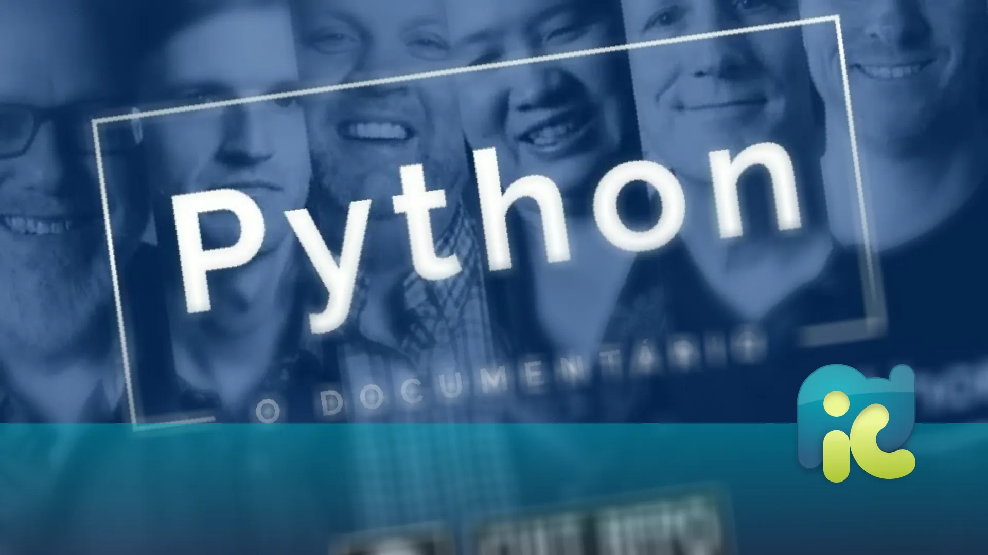 A documentary poster featuring a collage of diverse people with the large text "Python" and the subtitle "O DOCUMENTÁRIO" against a blue background.