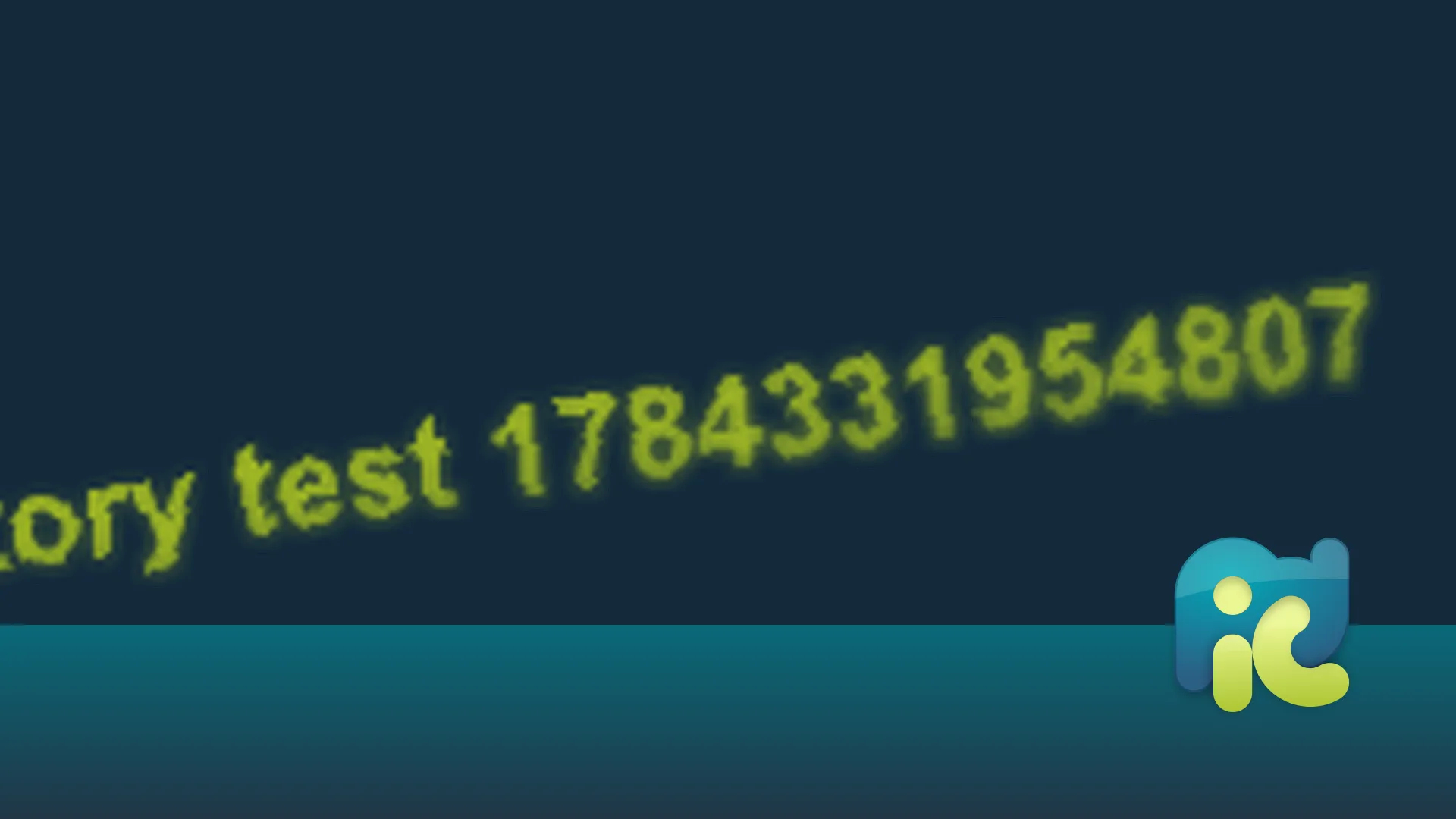 Yellow text reading factory test 1784331954807 is centered against a dark navy blue background.