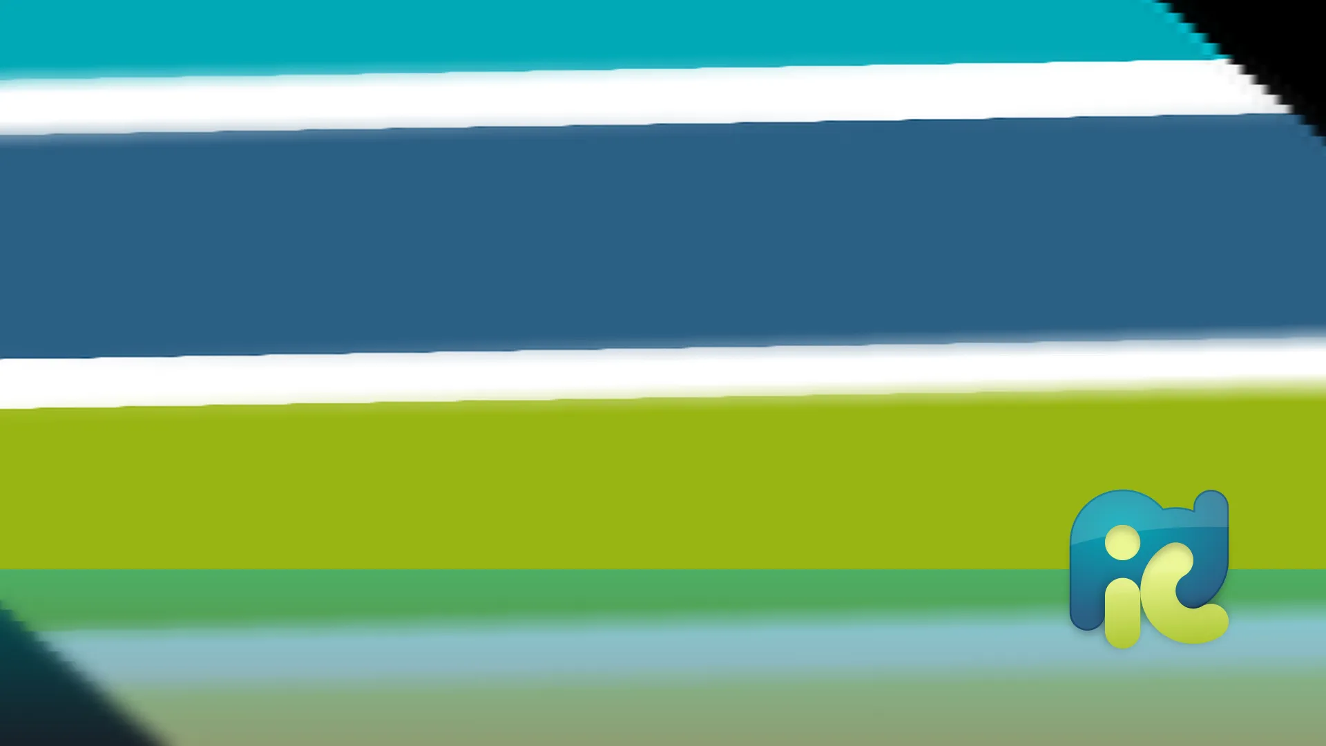 Four vertical rectangular color blocks in shades of teal, dark blue, lime green, and pale yellow, separated by white horizontal stripes.