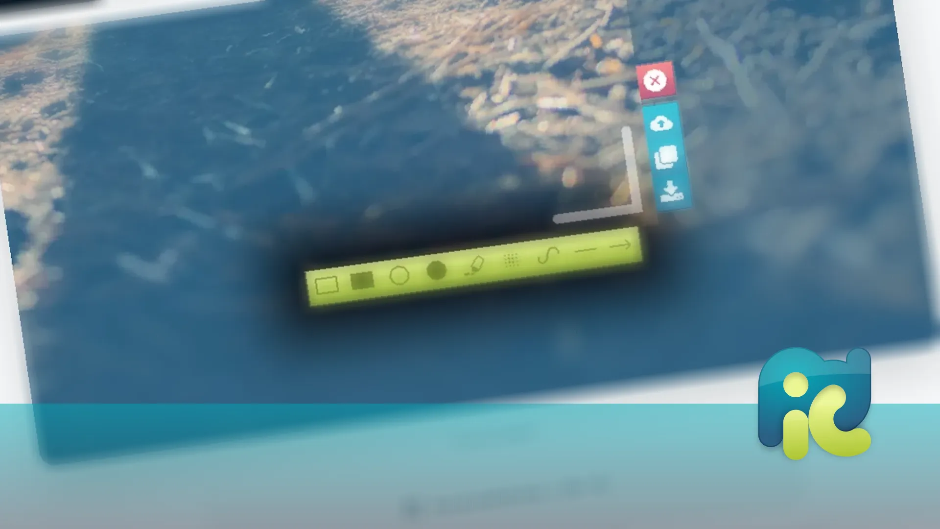 A screenshot of the picd.in website displays an online image editing interface over a blue and tan textured photo with various drawing tools and menu options.