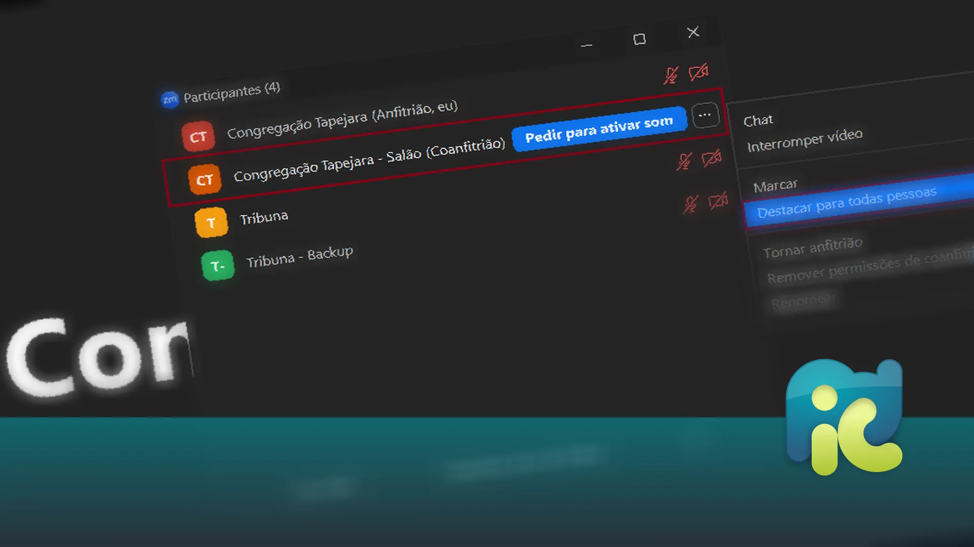 A Zoom video call interface displays a participants list menu with various options and several users named Congregation Tapejara and Tribuna.